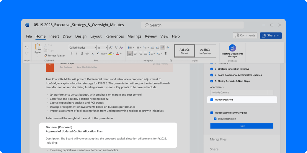 August 2025 Product Updates - Include decisions in your meeting book